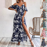 Ins Off-Shoulder Split Dress Summer Floral Print Suspender Long Dresses With Belt Design Women's Beach Clothing