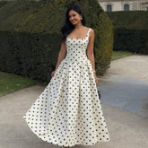 Square Collar Polka-dot Cinched Pleated Large Swing Sling Dress