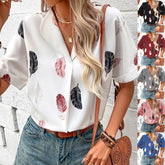 Women's Lapel Feather Printed Shirt Short Sleeve