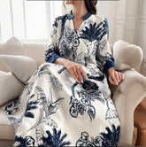 Women's Plus Size Elegant Floral Ink Painting Casual Tunic Dress Notched V Neck Long Sleeve Maxi Dress