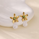 Stainless Steel Flower Green Zircon Stud Earrings