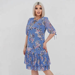 Women's Lace Up Simple Printed Pleated Dress