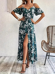 Ins Off-Shoulder Split Dress Summer Floral Print Suspender Long Dresses With Belt Design Women's Beach Clothing