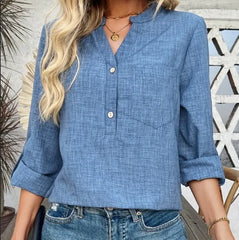 V-Neck  Blouse With Pockets,Elegant And Classic Design,Machine Washable And Dryable,Suitable For Spring,Summer,And Fall