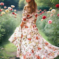 Women's Elegant Floral Print Boho Dress - Round Neck Half Sleeves Flowy Maxi Dress