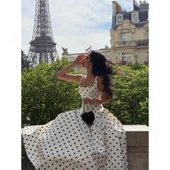 Square Collar Polka-dot Cinched Pleated Large Swing Sling Dress