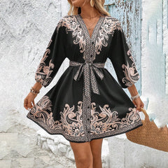 Women's Elegant V-Neck Floral Print Dress - Lantern Sleeve Wrap Waist Belted Midi Dress For Spring&Summer Vacation