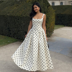 Square Collar Polka-dot Cinched Pleated Large Swing Sling Dress