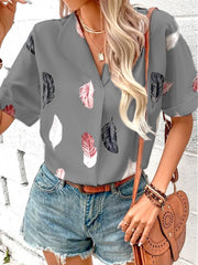 Women's Lapel Feather Printed Shirt Short Sleeve
