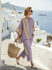 Summer Striped Suits Loose Batwing Sleeve T-shirt And Solid Straight-leg Pants