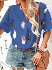 Women's Lapel Feather Printed Shirt Short Sleeve