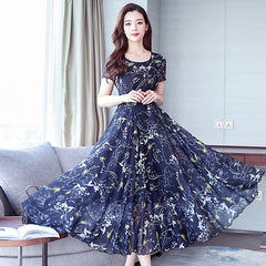Middle-aged Ice Silk Large Swing Dress Elegant Floral Slimming Long Dress Women