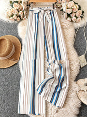 Striped Digital Printing Wide Leg Leisure Slim Fit Tied Cropped Pants