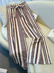 Striped Digital Printing Wide Leg Leisure Slim Fit Tied Cropped Pants