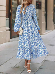 Women's New Printed Round Neck Long Sleeve Ruffled Dress