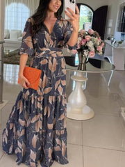 V-neck Fashion Elegant Printed Long Dress