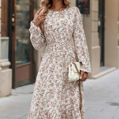 Women's New Printed Round Neck Long Sleeve Ruffled Dress