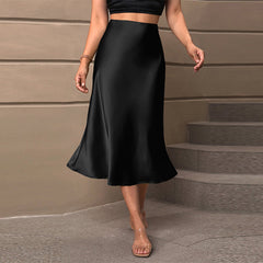 Satin Elegance Style Polyester Midi A- Line Skirt