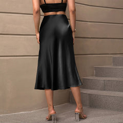 Satin Elegance Style Polyester Midi A- Line Skirt