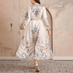 Women's Elegant Casual Knee-Length Dress - Drawstring Long Sleeves, Middle Eastern Lapel Print Adjust Tie Waist Belt Vacation & Party Dress