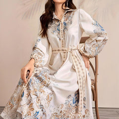 Women's Elegant Casual Knee-Length Dress - Drawstring Long Sleeves, Middle Eastern Lapel Print Adjust Tie Waist Belt Vacation & Party Dress