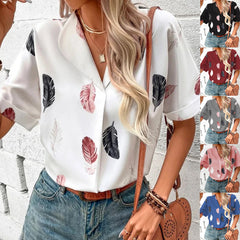 Women's Lapel Feather Printed Shirt Short Sleeve