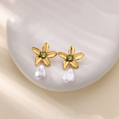 Stainless Steel Flower Green Zircon Stud Earrings