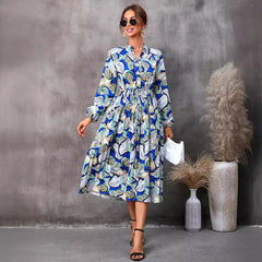 Leaves Printed Mid-length Long Sleeve Dress