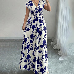 Women's Wrap V Neck Short Sleeve Empire Elastic Waist Summer Casual Elegant Maxi Long Dresses