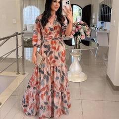 V-neck Fashion Elegant Printed Long Dress