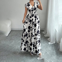 Women's Wrap V Neck Short Sleeve Empire Elastic Waist Summer Casual Elegant Maxi Long Dresses