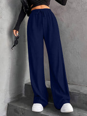 New Women's Elastic Waist Pinstripe Road Straight Wide Leg