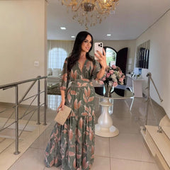 V-neck Fashion Elegant Printed Long Dress