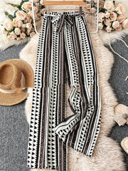 Striped Digital Printing Wide Leg Leisure Slim Fit Tied Cropped Pants