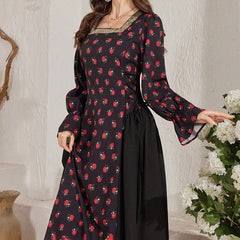 Women's Elegant Floral Print Square Neck Dress With Puff Sleeves & Cinched Waist, Summer Bohemian Dress