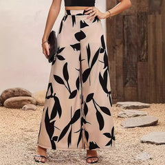 Leaf Print High Waisted Hanging Wide Leg Casual Pants