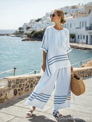 Summer Striped Suits Loose Batwing Sleeve T-shirt And Solid Straight-leg Pants