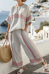 Summer Striped Suits Loose Batwing Sleeve T-shirt And Solid Straight-leg Pants