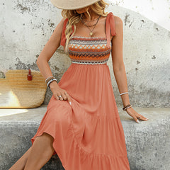 Women's Summer Boho Spaghetti Straps Dress Casual Long A-line Beach Dress Square Neck Flowy Sundress