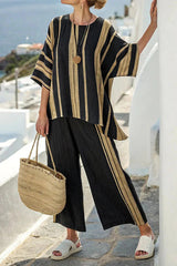 Summer Striped Suits Loose Batwing Sleeve T-shirt And Solid Straight-leg Pants