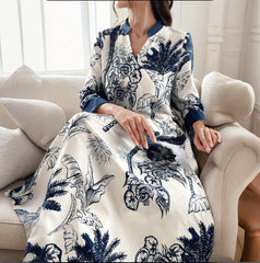 Women's Plus Size Elegant Floral Ink Painting Casual Tunic Dress Notched V Neck Long Sleeve Maxi Dress