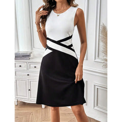 Womens Sleeveless Mini Dress Summer Black White Color Block Crewneck Casual Loose Tank Dresses