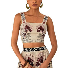 Sexy Spaghetti Straps Midriff-baring Printed Up And Down Skirt Suit