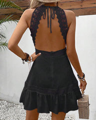 Female Solid Color Hollow Lace Patchwork Neck Tie Dress