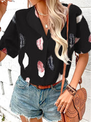 Women's Lapel Feather Printed Shirt Short Sleeve