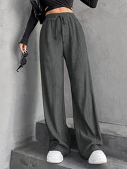New Women's Elastic Waist Pinstripe Road Straight Wide Leg