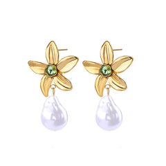 Stainless Steel Flower Green Zircon Stud Earrings