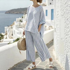Summer Striped Suits Loose Batwing Sleeve T-shirt And Solid Straight-leg Pants