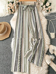 Striped Digital Printing Wide Leg Leisure Slim Fit Tied Cropped Pants