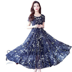 Middle-aged Ice Silk Large Swing Dress Elegant Floral Slimming Long Dress Women